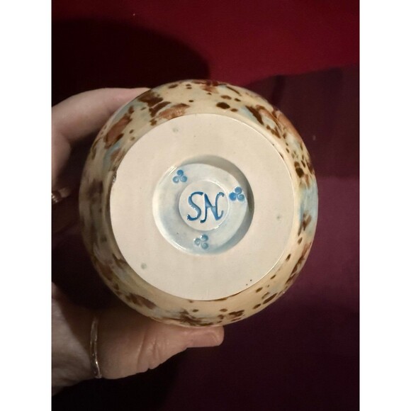 Handmade Ceramic Vase with Blue & Brown Glaze, Polkadots, Artist Signed NS or SN - Picture 10 of 10